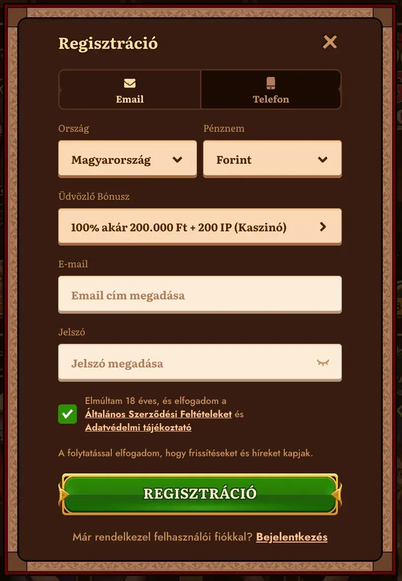 Regisztrációs űrlap a Wildrobin casino